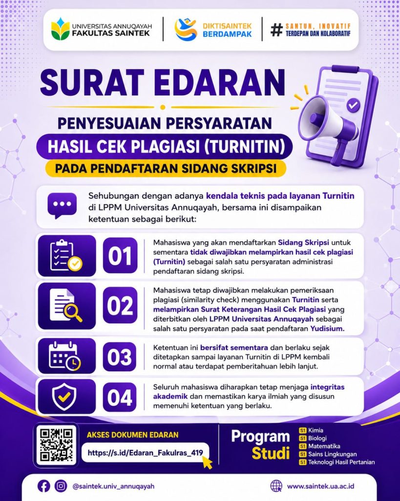 Edaran Penyesuaian Persyaratan Turnitin untuk Pendaftaran Sidang Skripsi Fakultas Saintek